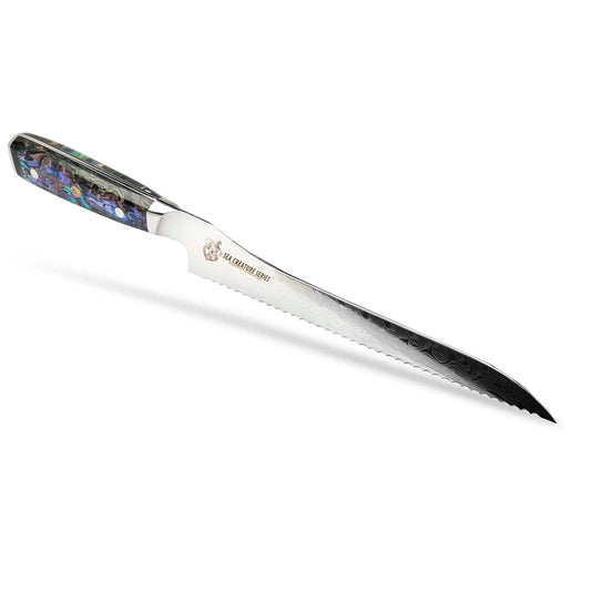 CSC BRANDED Kitchen Knives Sea Creature Series. 10" - 25 cm 45 Layer AUS-10 Damascus Bread Knife. Resin Handle