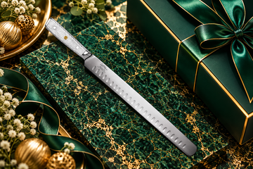 Premium kitchen knife on emerald green marble with gold veining and luxury gift packaging for employees and their families.