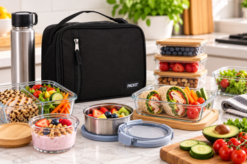 Black PackIt lunch bag beside reusable food containers filled with salads, wraps, fruit and snacks on a kitchen counter.