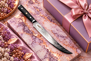 Premium kitchen knife on lavender marble with rose-gold veining and elegant gift packaging.