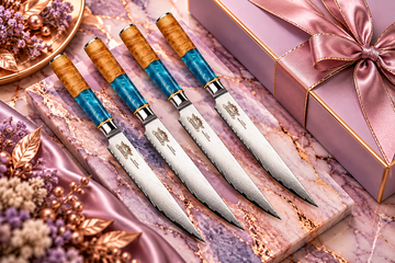 Four premium kitchen knives on lavender marble with rose-gold veining and elegant gift packaging.