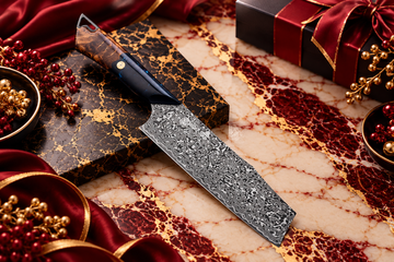 Damascus cleaver with a wood and black handle on luxurious burgundy and white marble with elegant gold accents, designed for corporate gift branding.