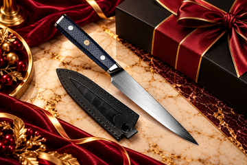 Premium Damascus chef knife with a navy-black honeycomb handle and black leather sheath, styled on cream marble with burgundy velvet, gold accents, and elegant gift packaging for professional corporate gifting.