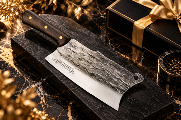Chef Supply Co cleaver with a dark wooden handle and hammered steel blade on black marble with gold accents.