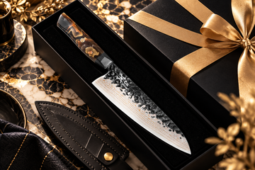 Premium chef’s knife in a black gift box with gold ribbon on a black and gold marble surface.