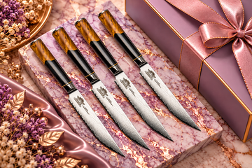 Four premium kitchen knives on lavender marble with rose-gold accents and elegant gift packaging.