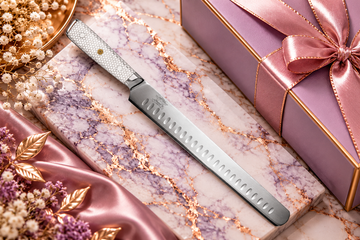 Premium kitchen knife on lavender marble with rose-gold accents and elegant gift packaging.