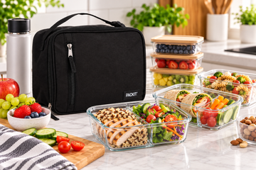 Black PackIt lunch bag beside meal-prep containers filled with chicken, grains, wraps, fruit and vegetables on a kitchen counter.