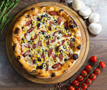 Spicy Italian pizza with salami, pepperoni and mozzarella