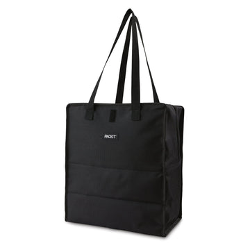 PackIt Freezable Grocery Tote Bag in Black with fresh groceries and built-in ECOFREEZE® cooling technology.