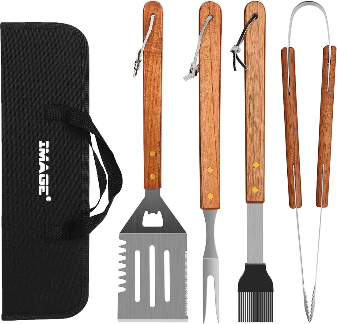 Chef Supply Co BBQ Grill Handle Tool 4 Piece Wooden Handle BBQ Tool Set