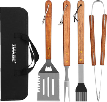 Chef Supply Co BBQ Grill Handle Tool 4 Piece Wooden Handle BBQ Tool Set