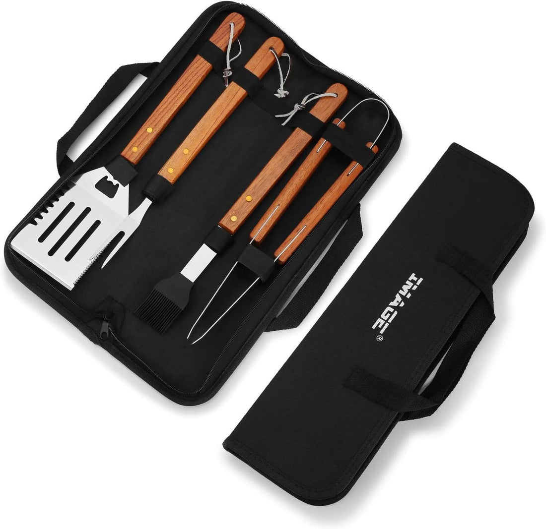 Chef Supply Co BBQ Grill Handle Tool 4 Piece Wooden Handle BBQ Tool Set