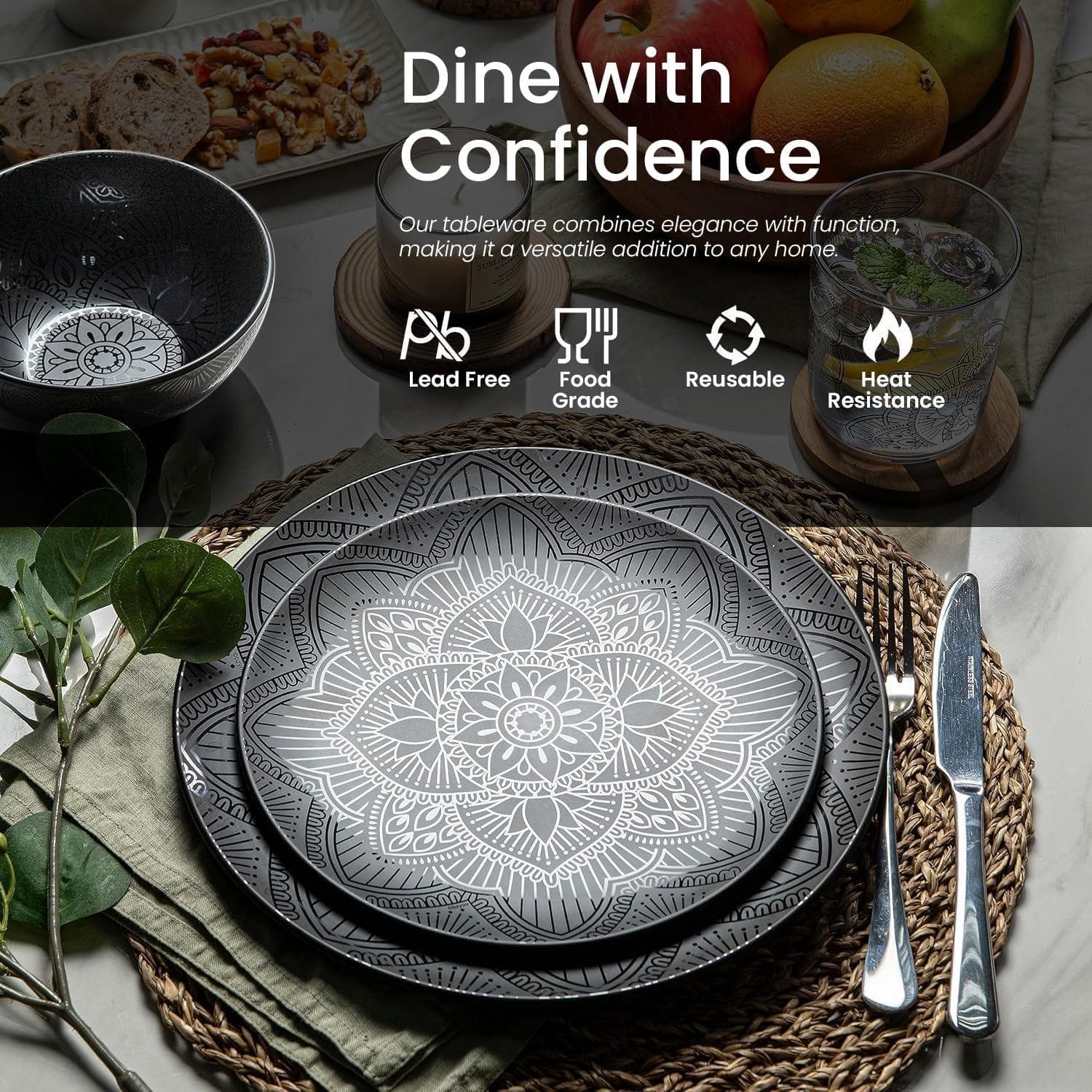CHEF SUPPLY CO Black Melamine Dinnerware 12-Piece Set