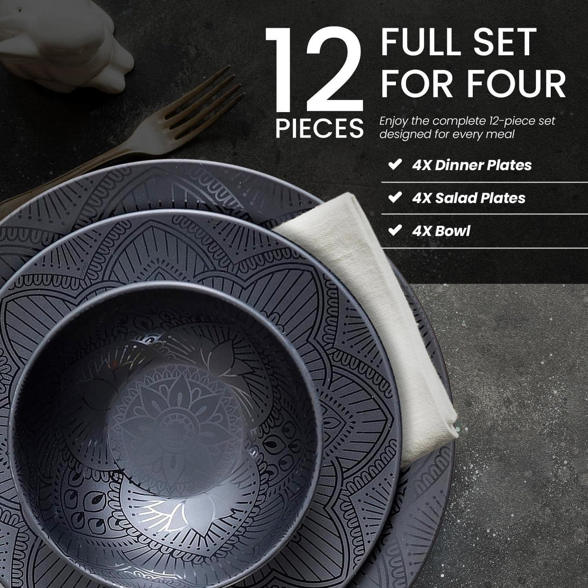 CHEF SUPPLY CO Black Melamine Dinnerware 12-Piece Set