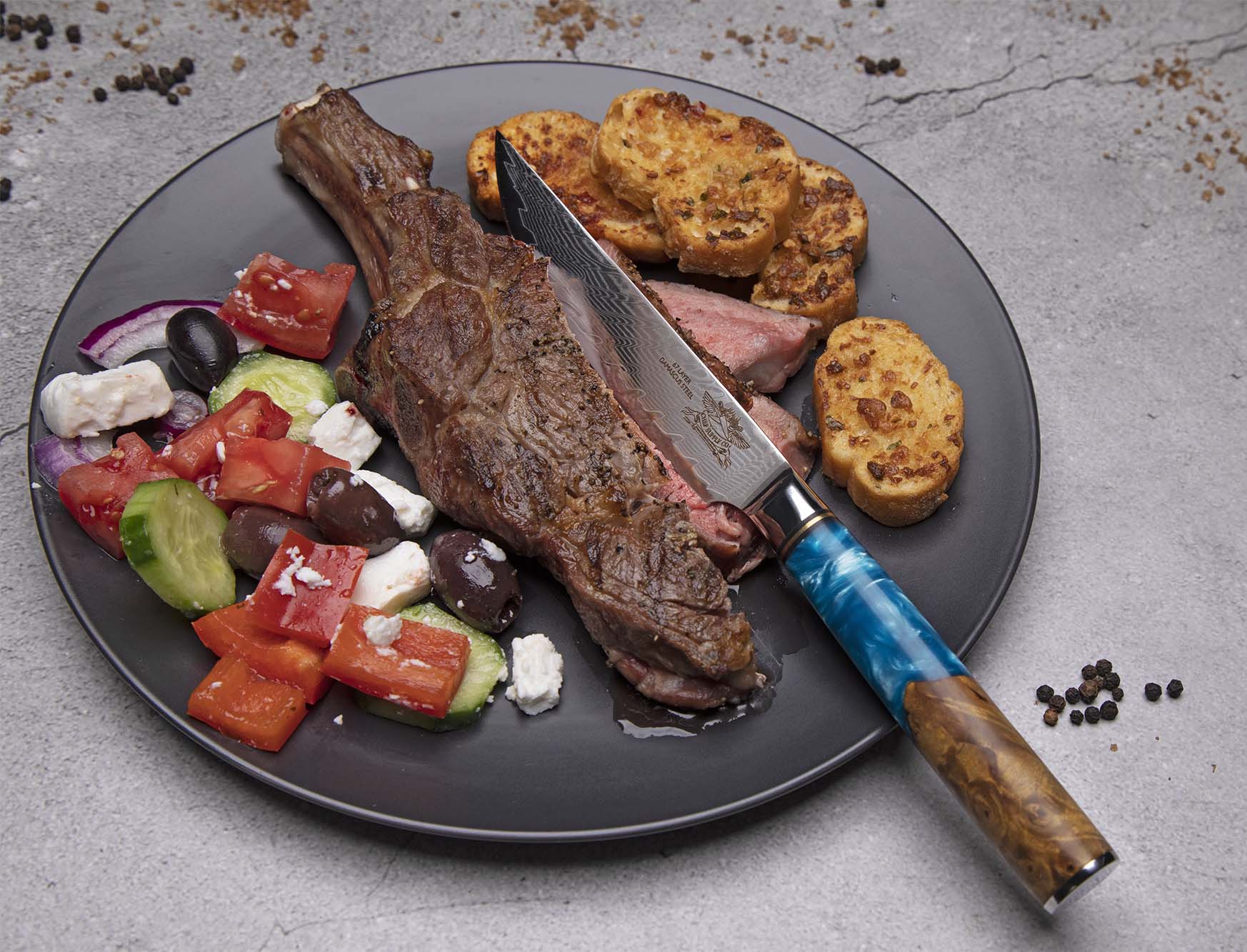 CHEF SUPPLY CO Bondi Beach Series Damascus Steak Knife Set of 4 - Resin and Wood Burl Handles