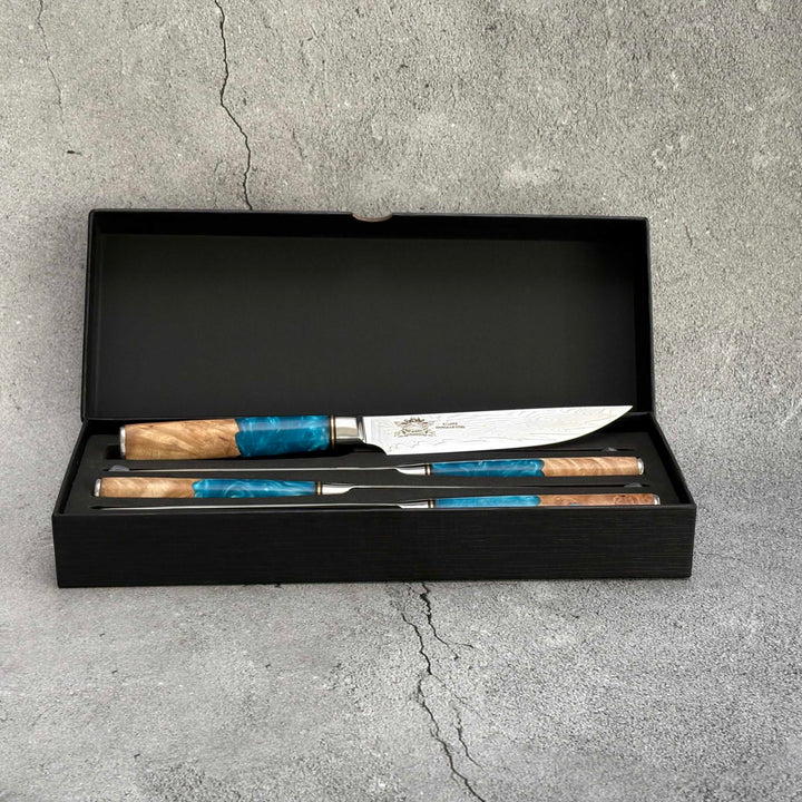 CHEF SUPPLY CO Bondi Beach Series VG-10 Damascus Steak Knife Set of 4 - Resin and Wood Burl Handles