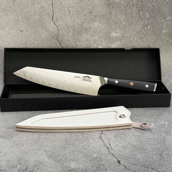 CHEF SUPPLY CO Dark Tessellation Series 21 cm - 8.25 inch AUS-10 Damascus Kiritsuke Knife Includes White Leather Sheath