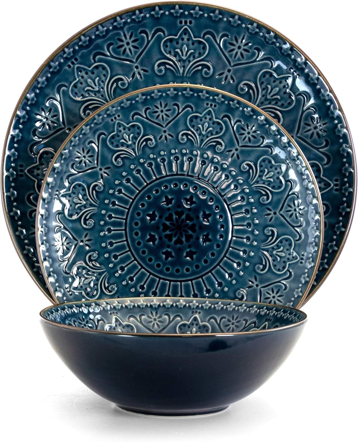 Embossed Rabbit Dinnerware Elama 16-Piece Sea Blue Mandala Set | Embossed Artisanal Stoneware