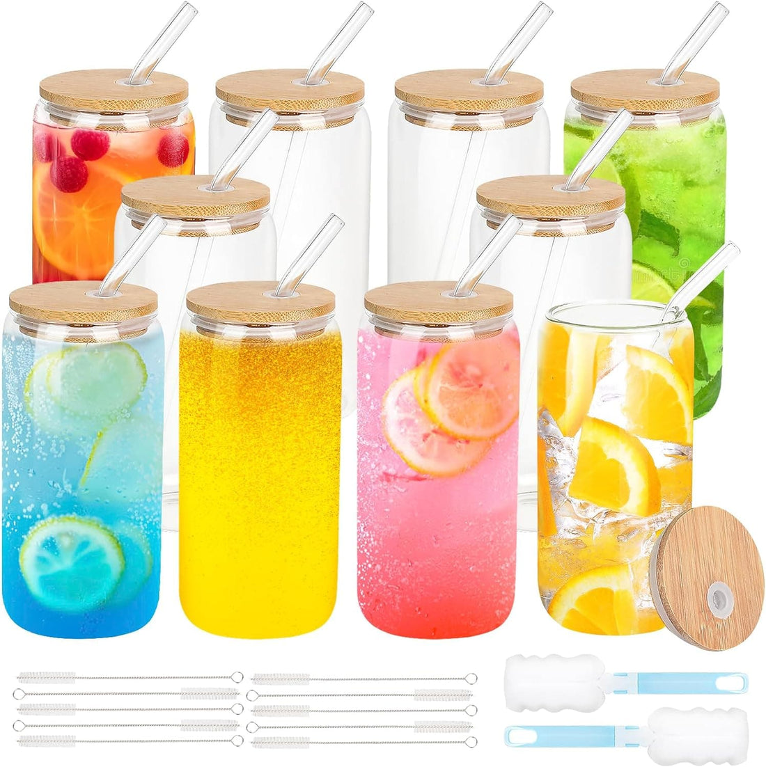 Chef Supply Co Fry Pan Drinking Glasses with Bamboo Lids and Glass Straw 16 Oz