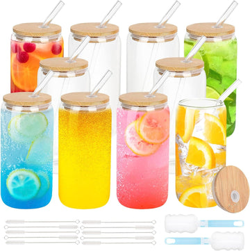 Chef Supply Co Fry Pan Drinking Glasses with Bamboo Lids and Glass Straw 16 Oz