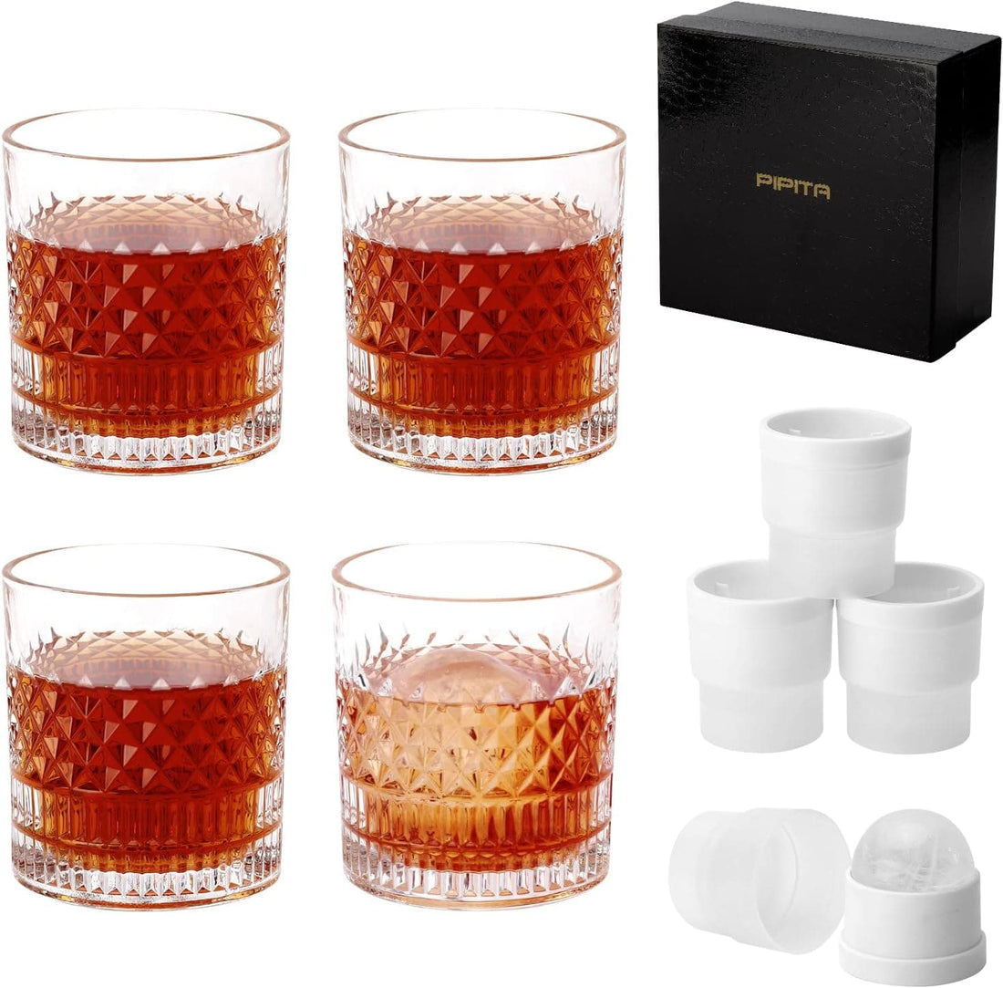 Chef Supply Co Glassware Crystal Whiskey Glass with Iceball Molds 4 Piece Set