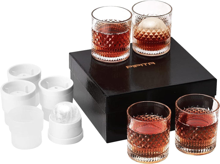 Chef Supply Co Glassware Crystal Whiskey Glass with Iceball Molds 4 Piece Set
