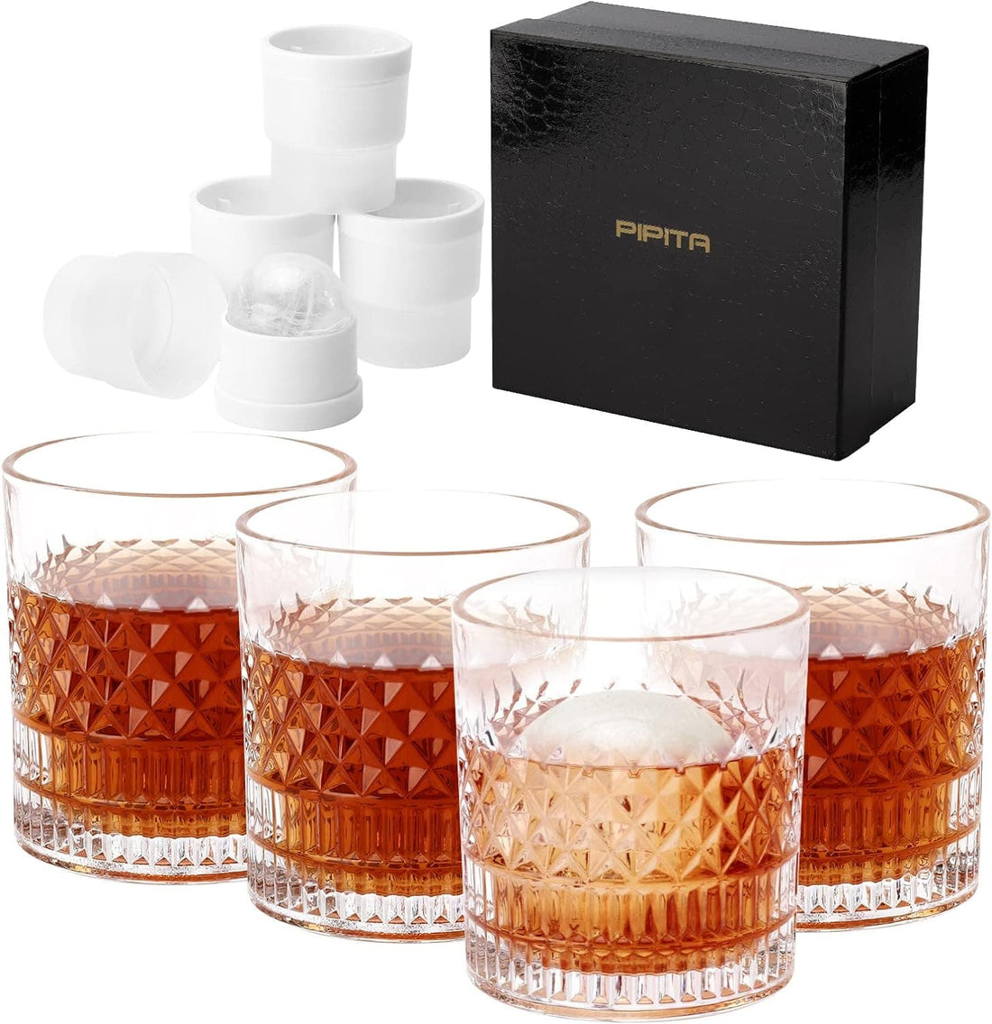 Chef Supply Co Glassware Crystal Whiskey Glass with Iceball Molds 4 Piece Set