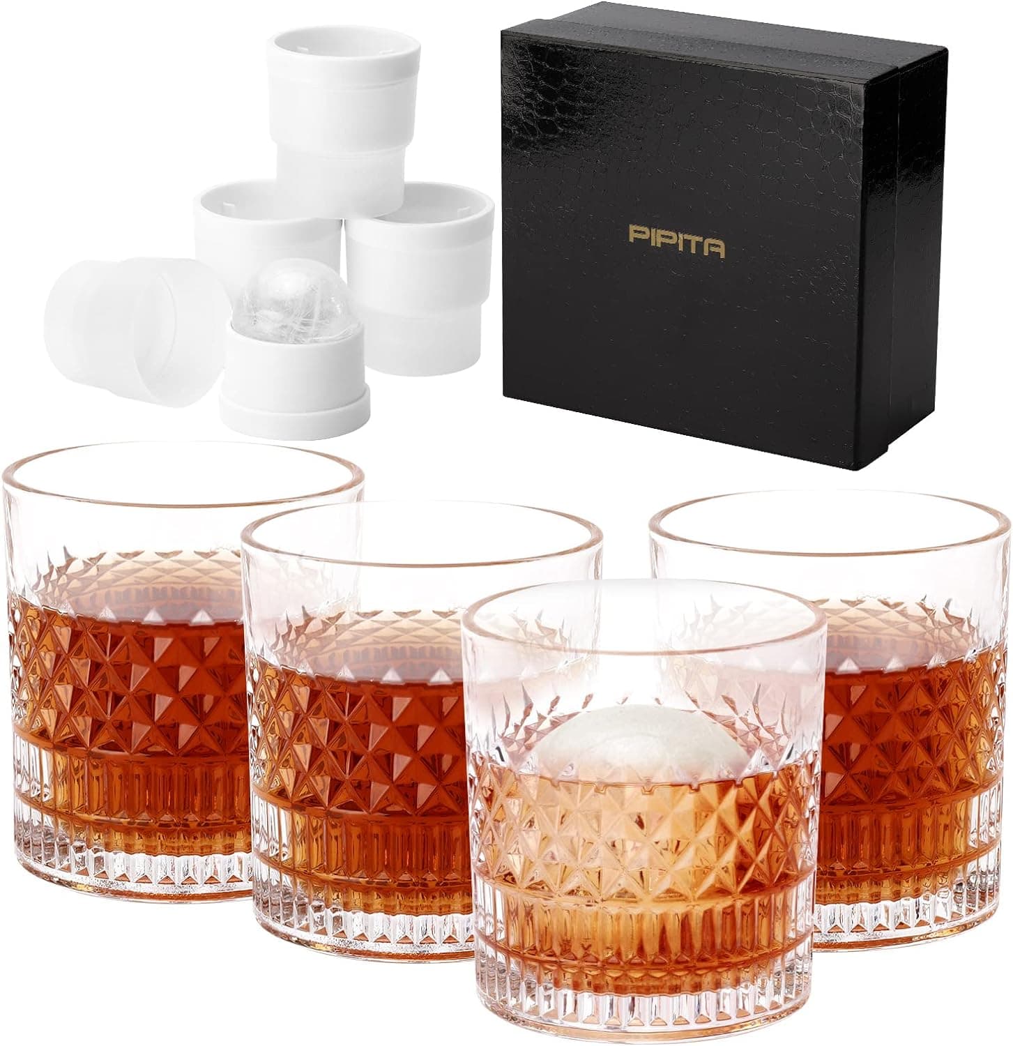 Chef Supply Co Glassware Crystal Whiskey Glass with Iceball Molds 4 Piece Set