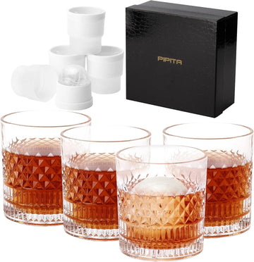 Chef Supply Co Glassware Crystal Whiskey Glass with Iceball Molds 4 Piece Set