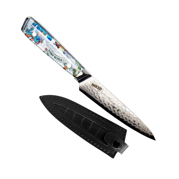 CHEF SUPPLY CO Inked Series 15 cm - 6 inch Utility Knife. 45 Layer AUS-10 Damascus, Resin Handle & Sheath