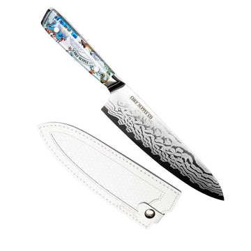 Chef Supply Co Inked Series 21cm AUS-10 Damascus Chef Knife with White Leather Sheath
