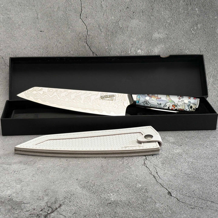 CHEF SUPPLY CO Inked Series 21cm AUS-10 Damascus Kiritsuke Knife with White Leather Sheath