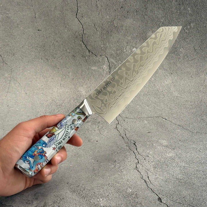 CHEF SUPPLY CO Inked Series 21cm AUS-10 Damascus Kiritsuke Knife with White Leather Sheath