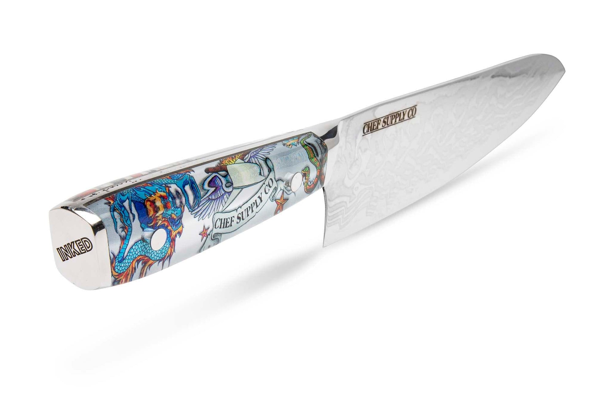 Chef Supply Co INKED SERIES 21CM CHEF KNIFE WITH WHITE LEATHER SHEATH