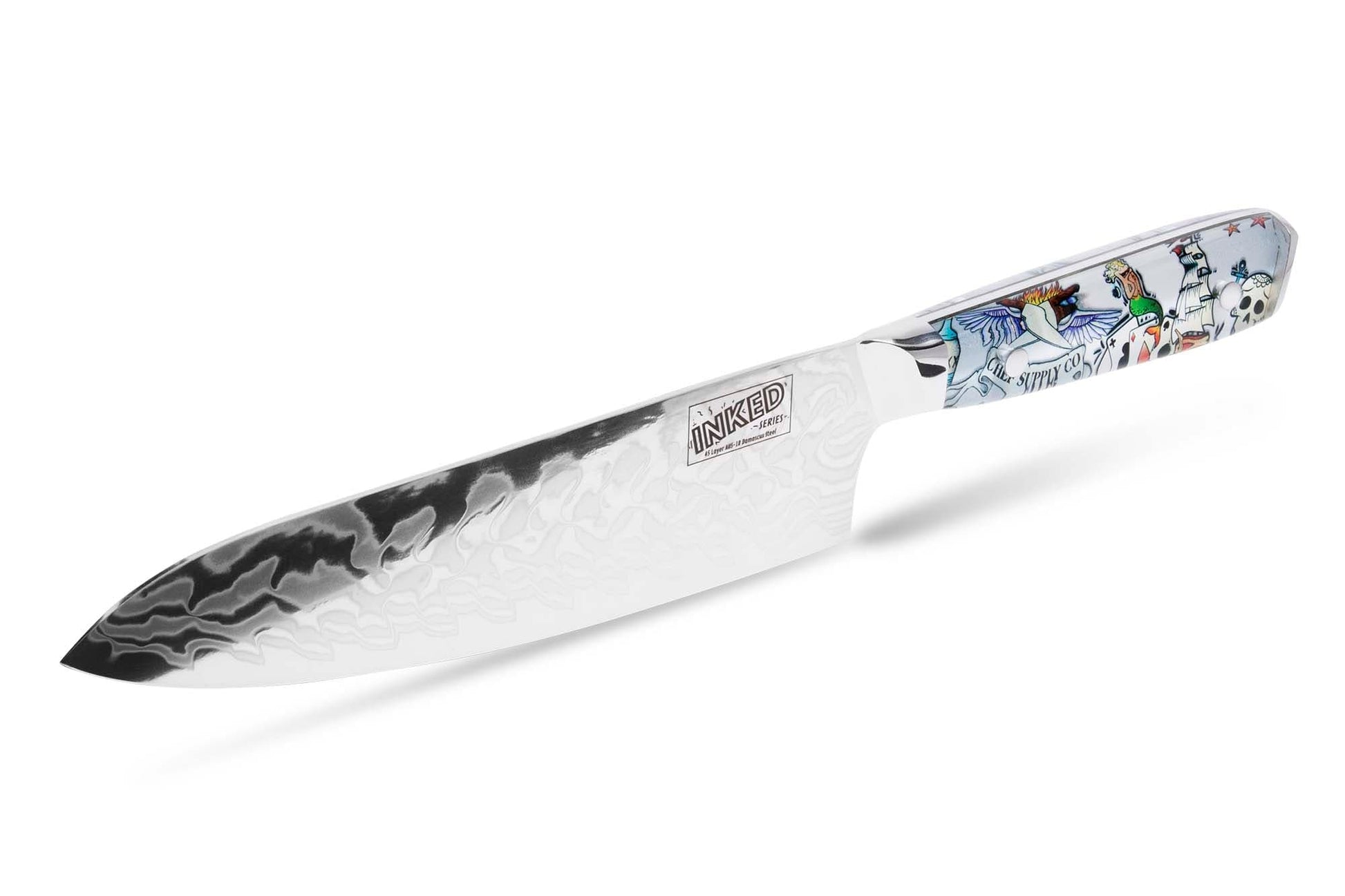 Chef Supply Co INKED SERIES 21CM CHEF KNIFE WITH WHITE LEATHER SHEATH