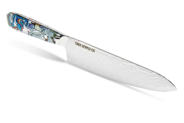 Chef Supply Co INKED SERIES 21CM CHEF KNIFE WITH WHITE LEATHER SHEATH