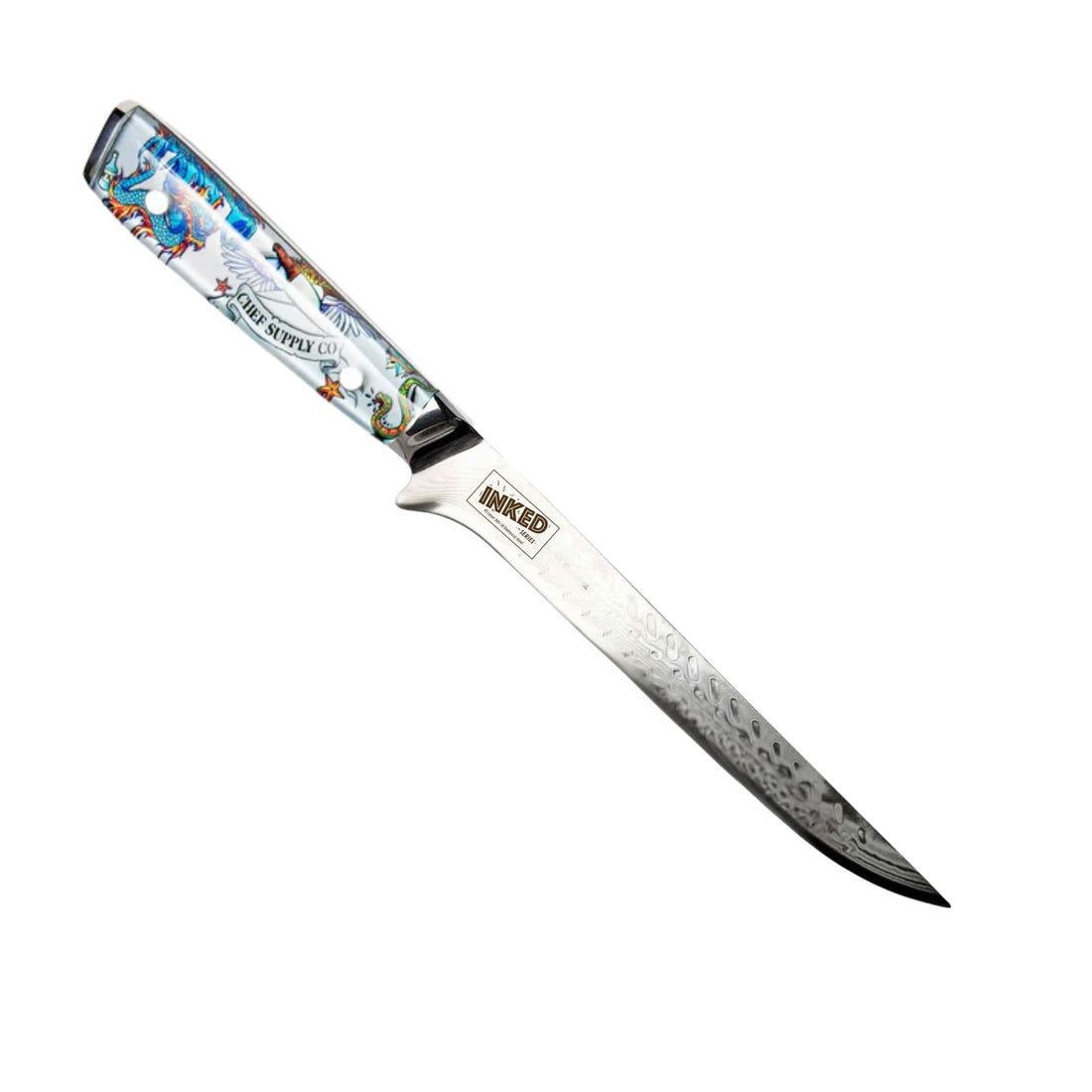 CHEF SUPPLY CO Inked Series Boning & Trimming Knife. 18 cm - 7 inch 45 Layer AUS-10 Damascus, Resin Handle. (NON FLEXIBLE)