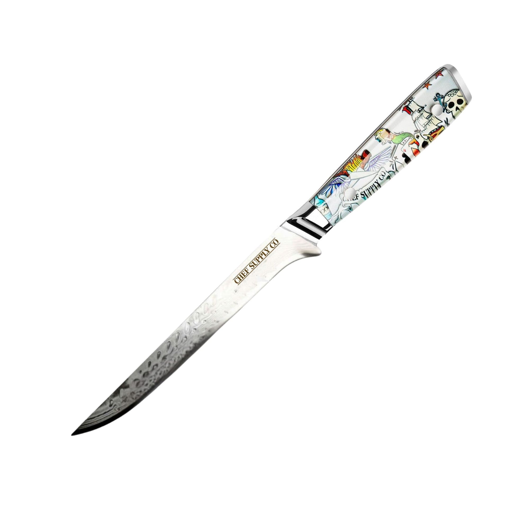 CHEF SUPPLY CO Inked Series Boning & Trimming Knife. 18 cm - 7 inch 45 Layer AUS-10 Damascus, Resin Handle. (NON FLEXIBLE)