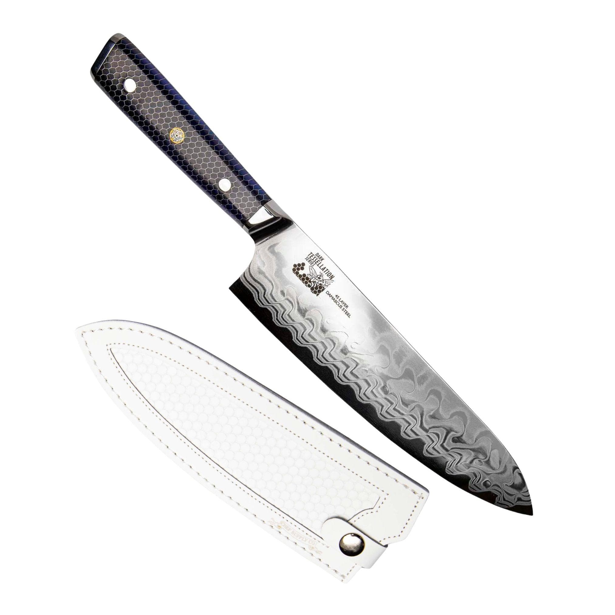 Dark Tessellation Series 21 cm - 8.25 Inch AUS-10 Damascus Chef Knife, Includes White Leather Sheath