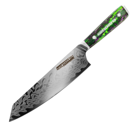 CHEF SUPPLY CO Kitchen Knives Neon Series MK1 - 21 cm - AUS-10 - 45 Layer Damascus Kiritsuke Chef Knife with Leather Sheath