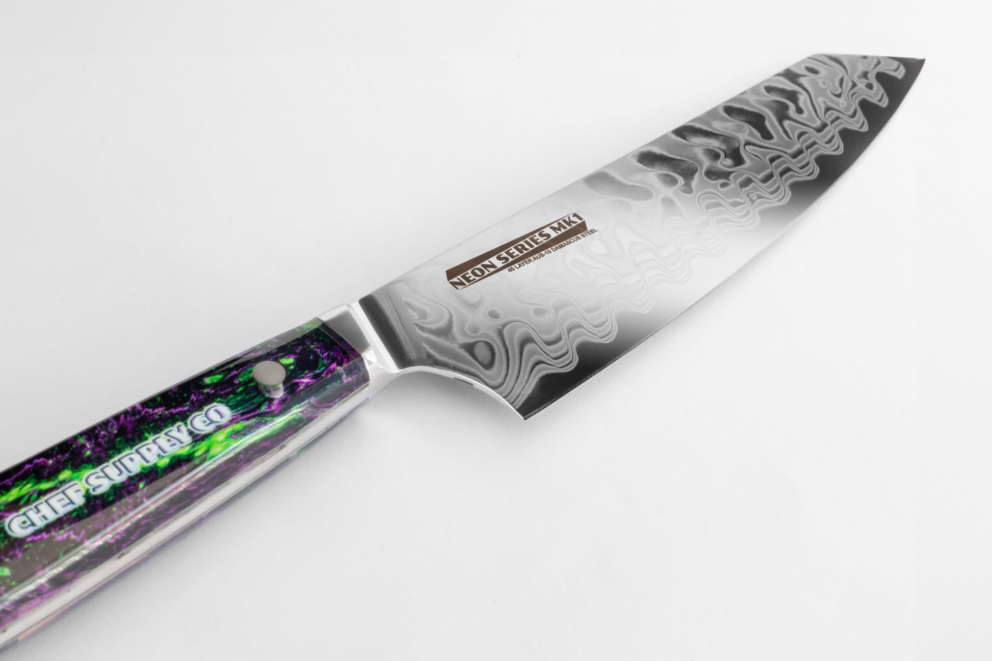 CHEF SUPPLY CO Kitchen Knives Neon Series MK1 - 21 cm - AUS-10 - 45 Layer Damascus Kiritsuke Chef Knife with Leather Sheath