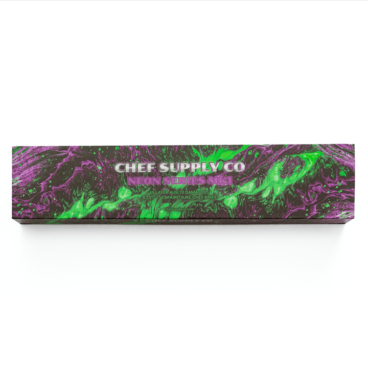 CHEF SUPPLY CO Kitchen Knives Neon Series MK1 - 21 cm - AUS-10 - 45 Layer Damascus Kiritsuke Chef Knife with Leather Sheath