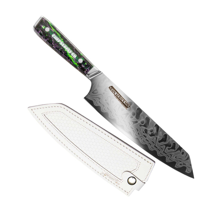 CHEF SUPPLY CO Kitchen Knives Neon Series MK1 - 21 cm - AUS-10 - 45 Layer Damascus Kiritsuke Chef Knife with Leather Sheath