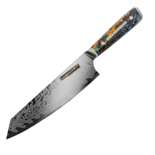 CHEF SUPPLY CO Kitchen Knives Neon Series MK2 - 21 cm - AUS-10 - 45 Layer Damascus Kiritsuke Chef Knife with Leather Sheath