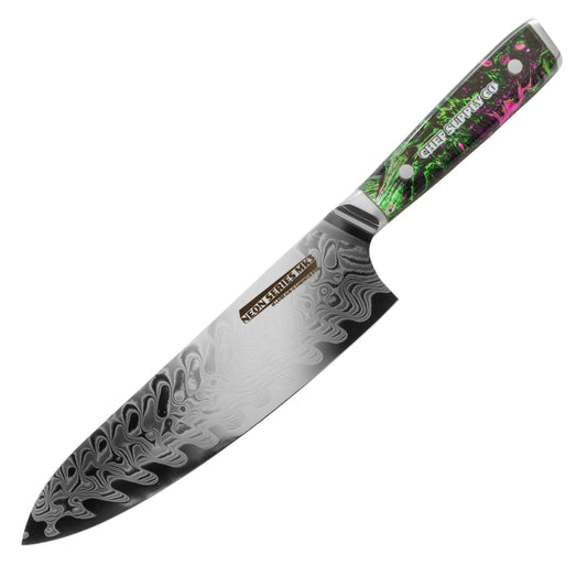 CHEF SUPPLY CO Kitchen Knives Neon Series MK3 - 21 cm - AUS-10 - 45 Layer Damascus Chef Knife with Leather Sheath