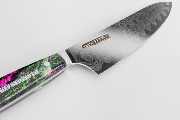 CHEF SUPPLY CO Kitchen Knives Neon Series MK3 - 21 cm - AUS-10 - 45 Layer Damascus Chef Knife with Leather Sheath