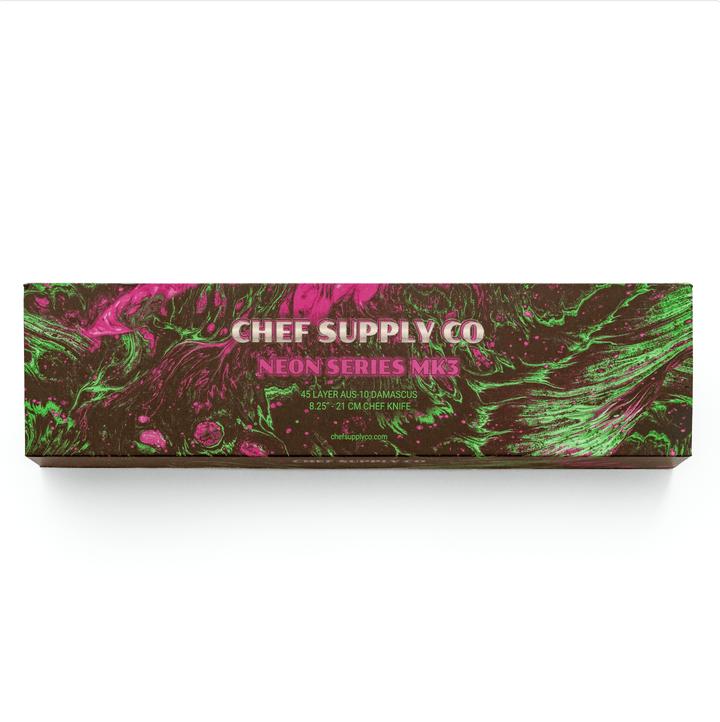 CHEF SUPPLY CO Kitchen Knives Neon Series MK3 - 21 cm - AUS-10 - 45 Layer Damascus Chef Knife with Leather Sheath