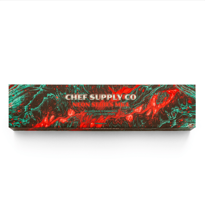 CHEF SUPPLY CO Kitchen Knives Neon Series MK4 - 21 cm - AUS-10 - 45 Layer Damascus Chef Knife with Leather Sheath