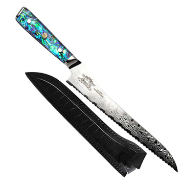 CHEF SUPPLY CO Kitchen Knives Sea Creature Series.  10" - 25 cm 45 Layer AUS-10 Damascus Bread Knife. Resin Handle